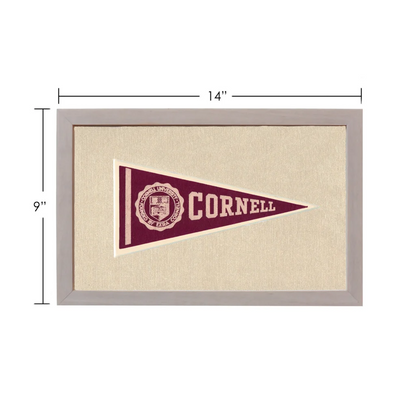 Vintage Cornell University pennant in maroon and cream, framed in gray