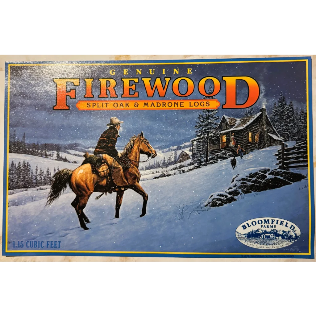 Vintage cowboy firewood label with winter scene and horseback rider for cozy vibes