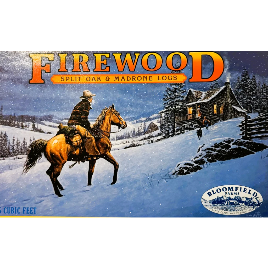 Vintage firewood ad with a cowboy riding to a snowy cabin, evoking winter nostalgia