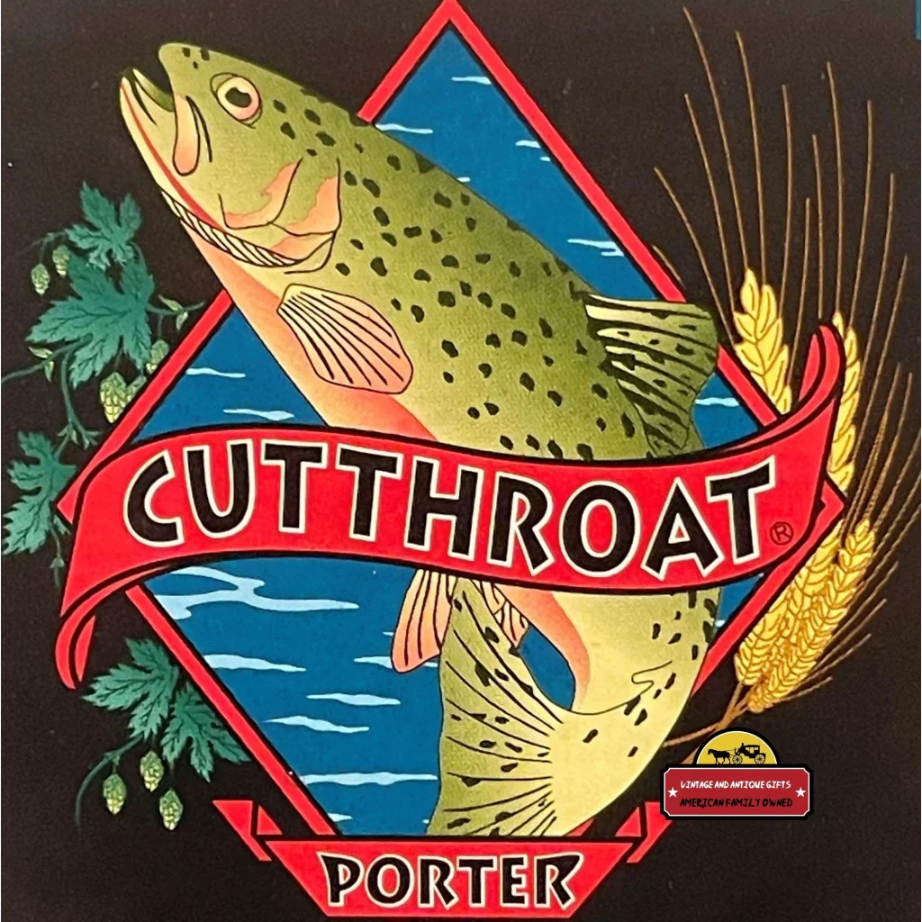 Green spotted fish leaping out of water on Vintage Odell Cutthroat Porter Label