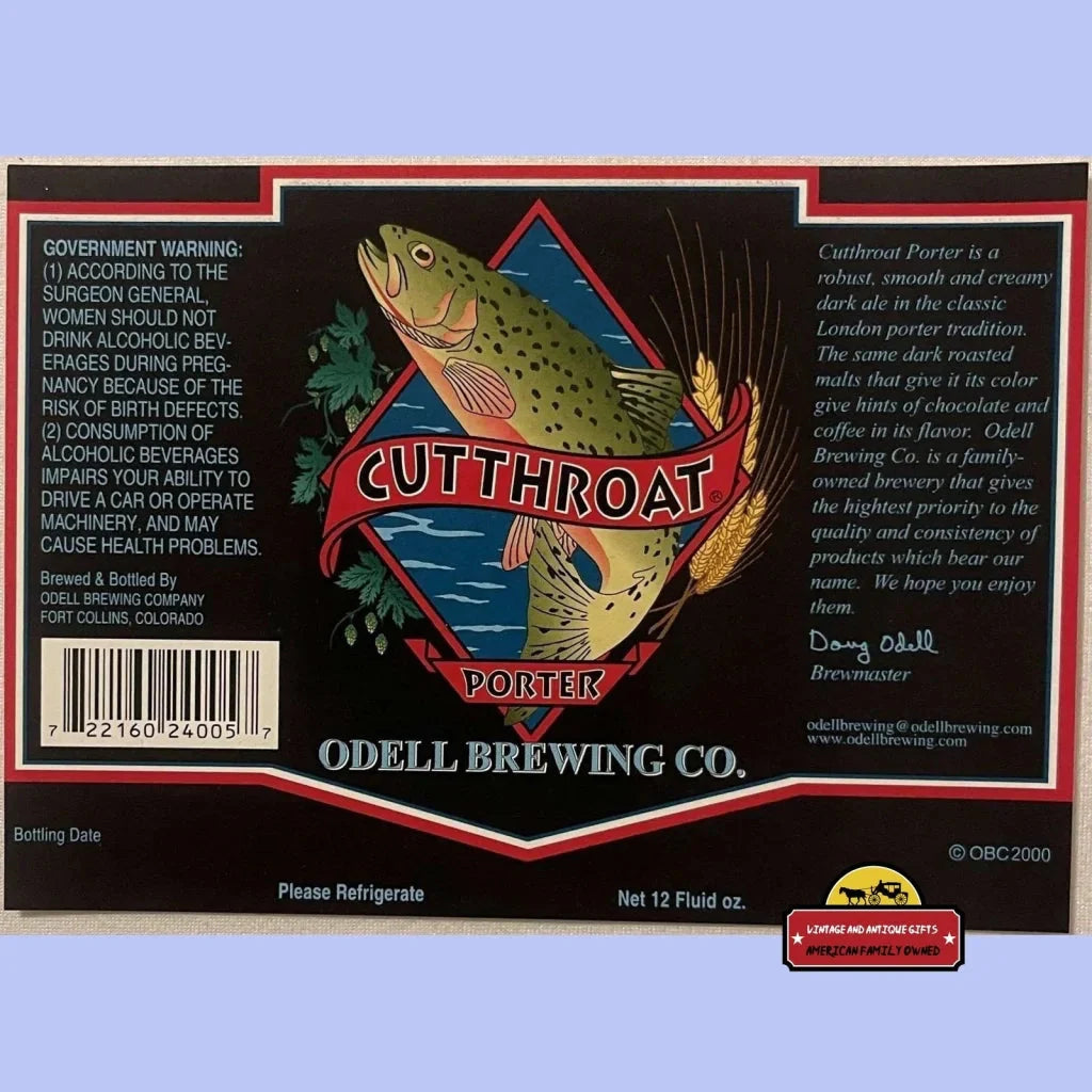 Vintage Cutthroat Porter label from Odell Brewing Co. with fish illustration for decor