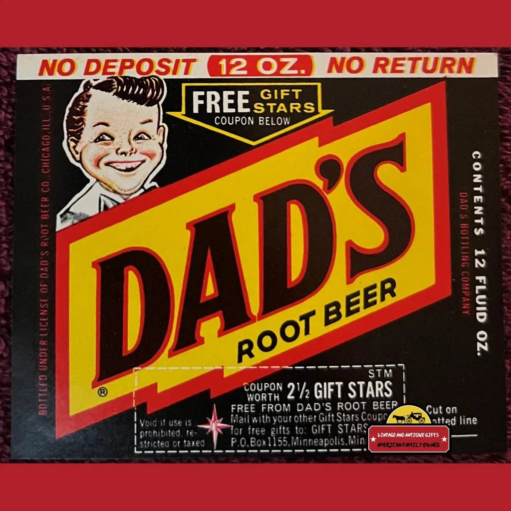 Vintage Dad’s Root Beer label with a cartoon boy, capturing 1960s Chicago vibes