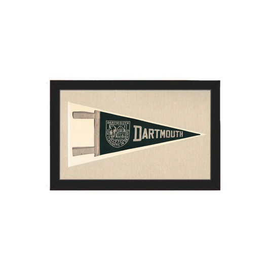 Vintage dartmouth dark green pennant with white lettering and crest displayed in a black frame vintage pennants