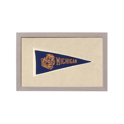 Vintage Dartmouth pennant with navy Michigan bear mascot in gray frame