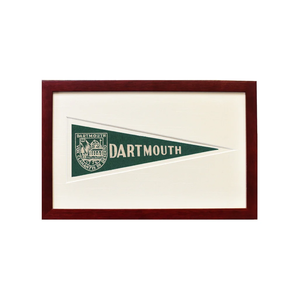 Vintage Dartmouth wool felt pennant in green white with dark wood frame