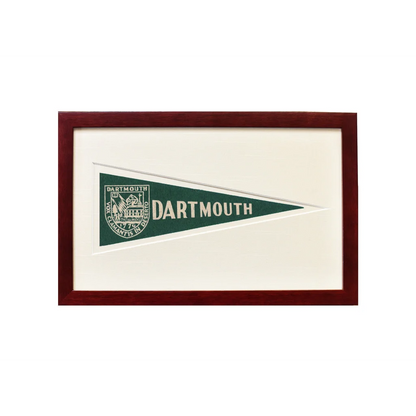 Vintage Dartmouth wool felt pennant in green white with dark wood frame