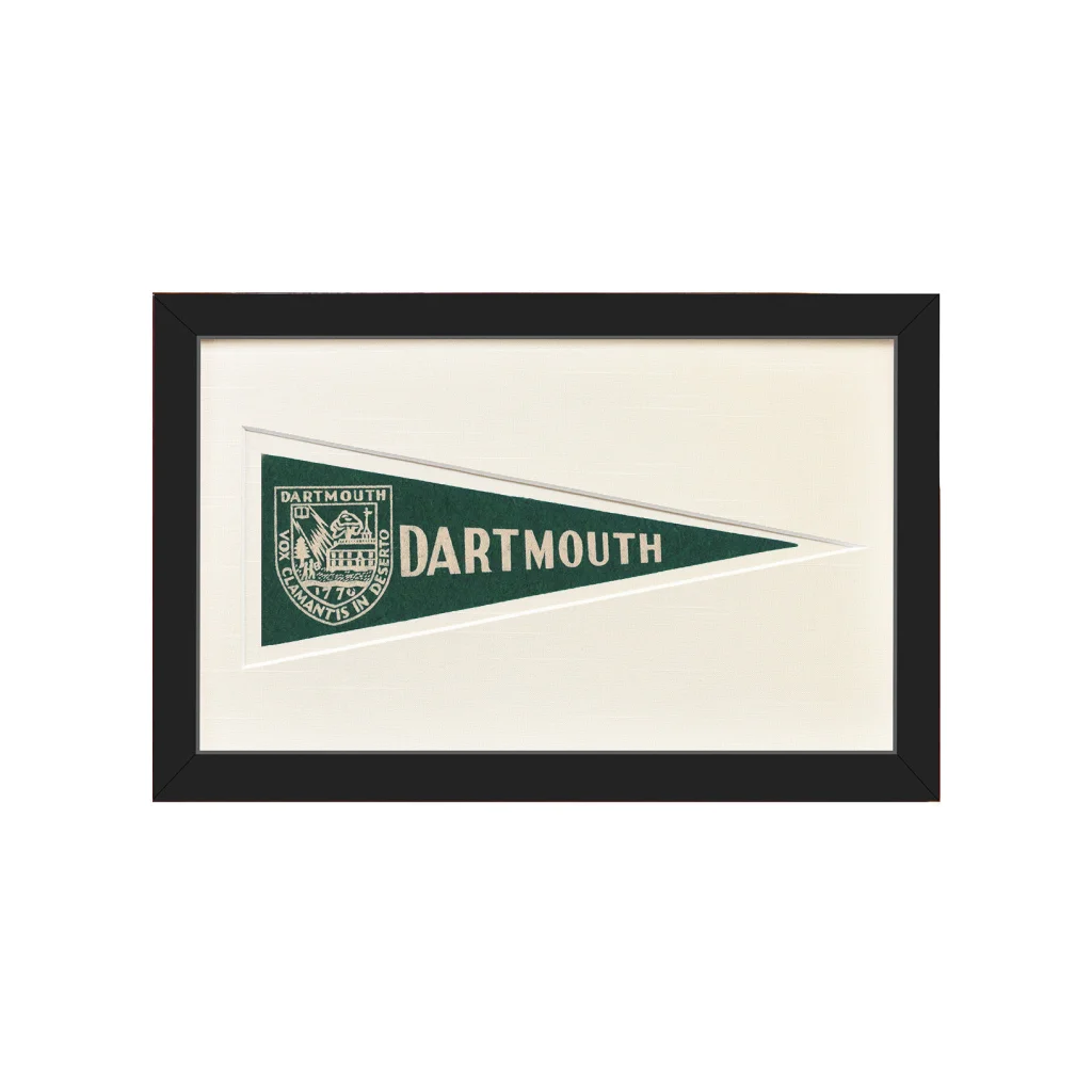Vintage Dartmouth wool felt pennant flag in green and white, framed