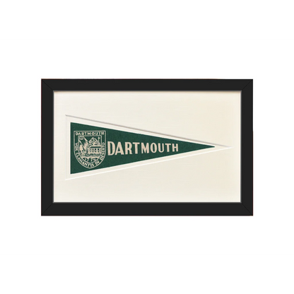 Vintage Dartmouth wool felt pennant flag in green and white, framed