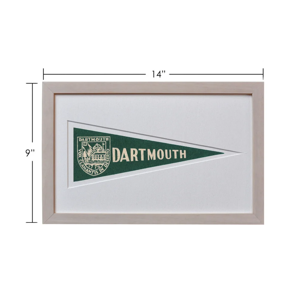Vintage Dartmouth wool felt pennant flag in green and white, gray framed