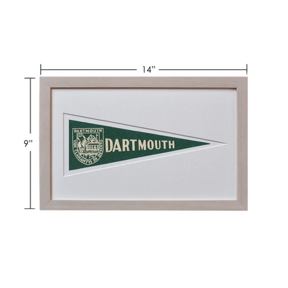 Vintage Dartmouth wool felt pennant flag in green and white, gray framed