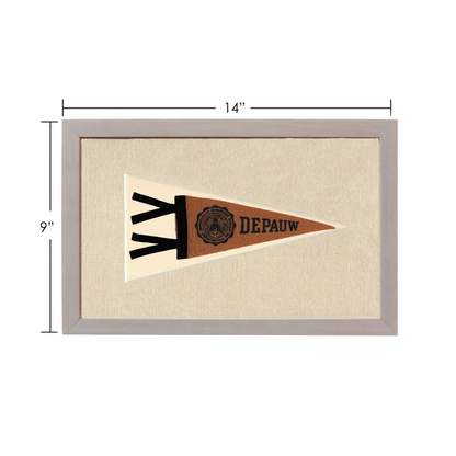 Vintage DePauw University pennant with beige frame and Greek letters
