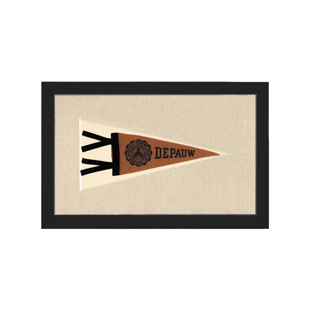 Vintage DePauw University pennant with beige frame and black lettering