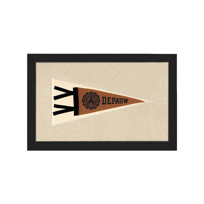 Vintage DePauw University pennant with beige frame and black lettering