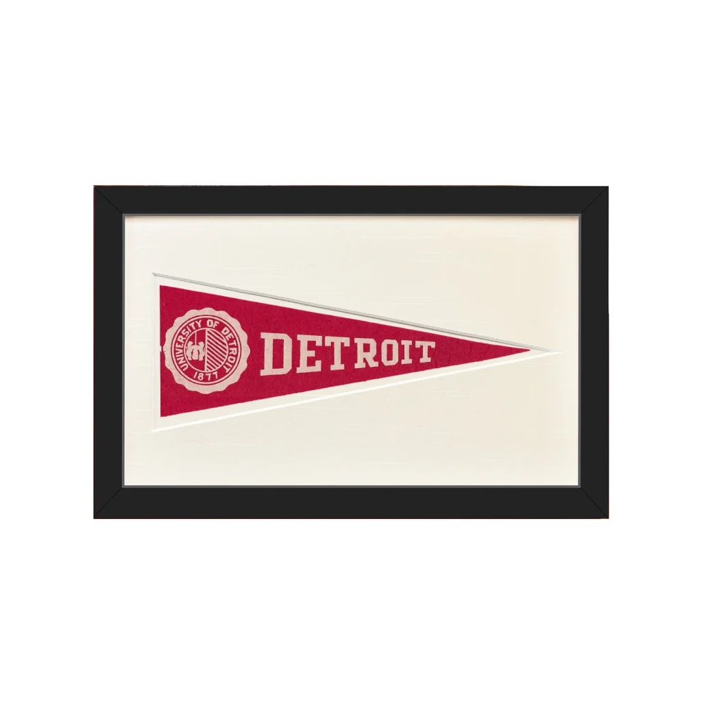 Framed red and white vintage Detroit pennant flag wall art