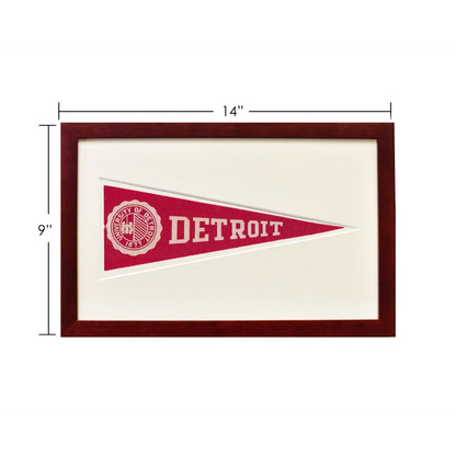 Vintage Detroit wool felt pennant flag framed in red, 9x14 inches