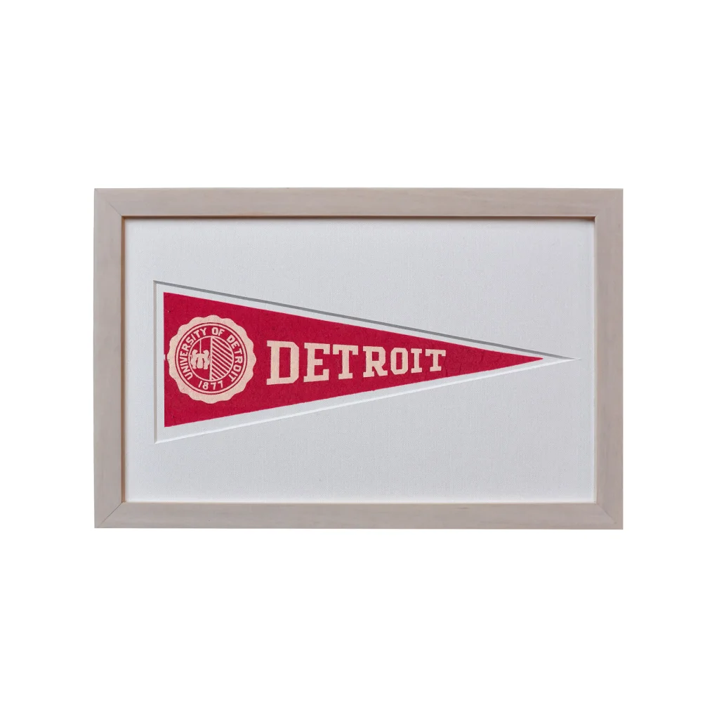 Framed vintage Detroit wool felt pennant flag in red and white