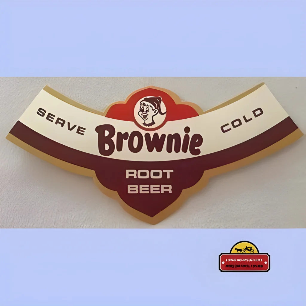 Vintage Brownie Root Beer label with a cute elf cartoon character illustration