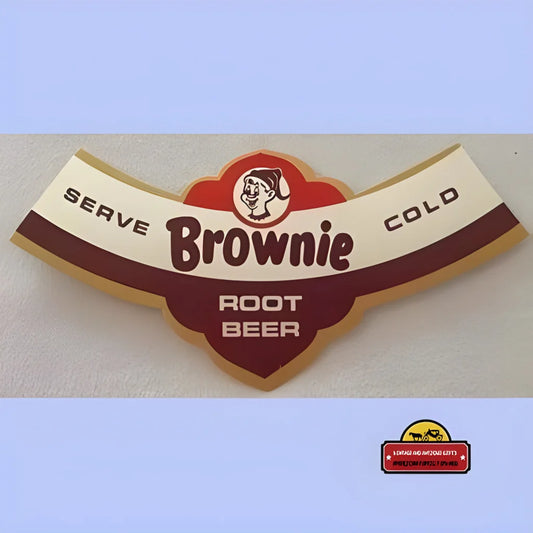 Vintage Brownie Root Beer label with a cute elf cartoon character illustration