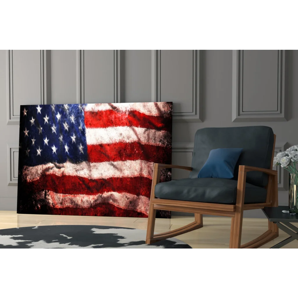 Vintage distressed American flag canvas wall art on wall