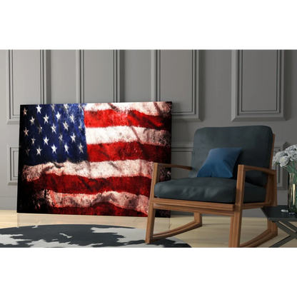 Vintage distressed American flag canvas wall art on wall