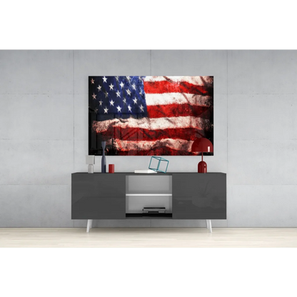 Vintage distressed American flag canvas wall art on gray wall