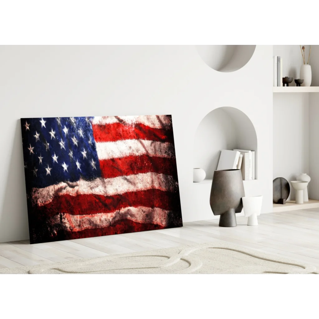 Distressed American flag canvas wall art on white wall