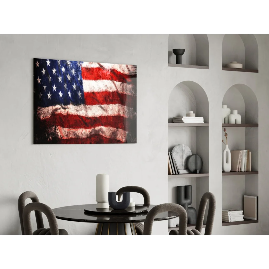 Vintage distressed American flag canvas wall art on wall