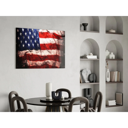 Vintage distressed American flag canvas wall art on wall