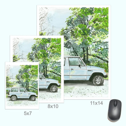 Vintage Dodge Raider 1980s blue 4x4 SUV watercolor art print