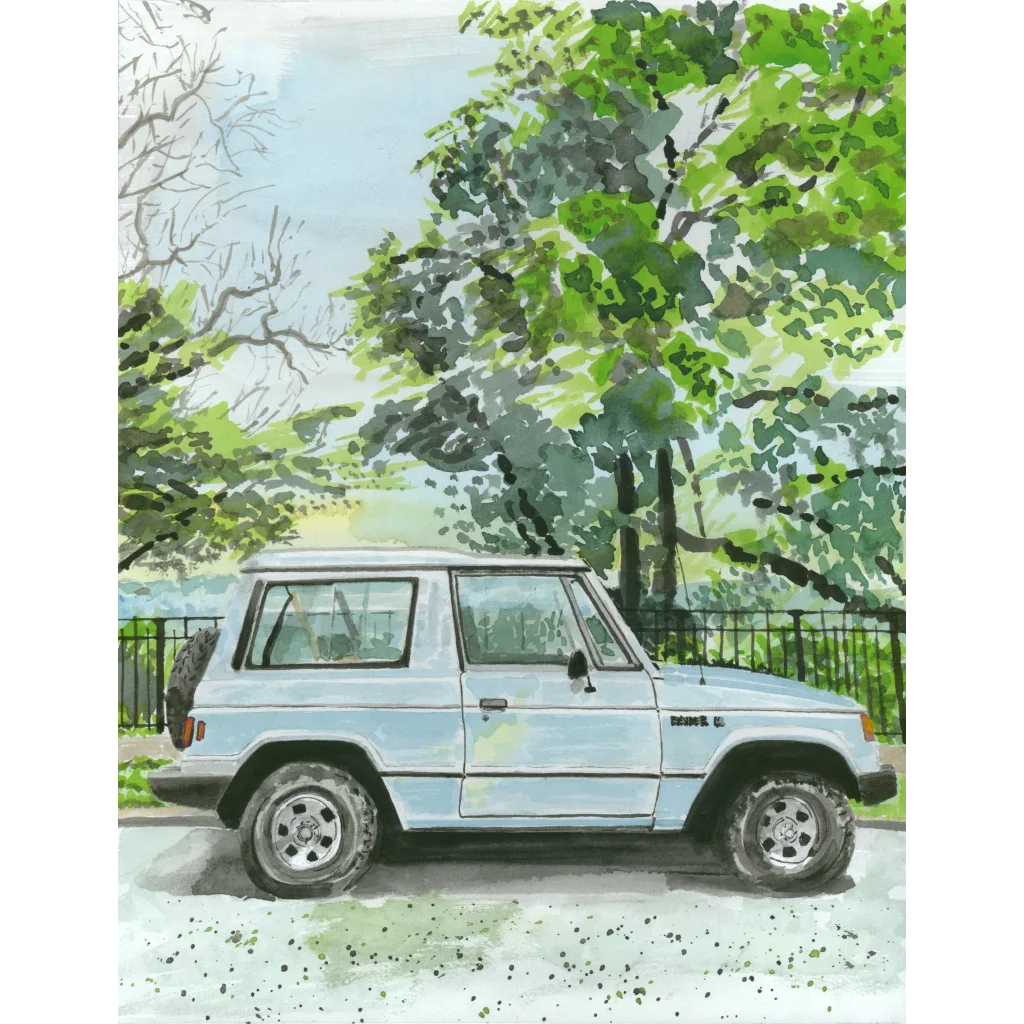 Vintage Dodge Raider watercolor art print in light blue metallic
