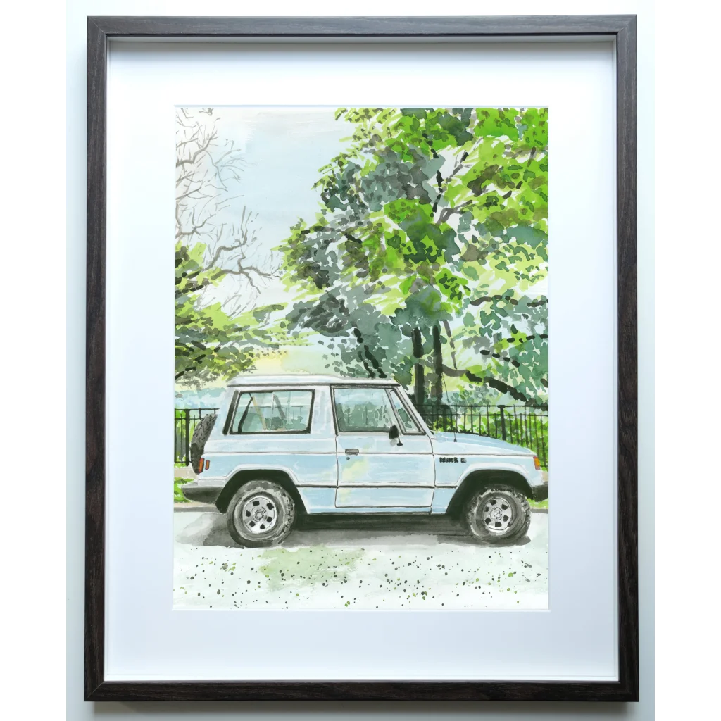 Vintage Dodge Raider watercolor art print of white 2019 Toyota Land Cruiser SUV