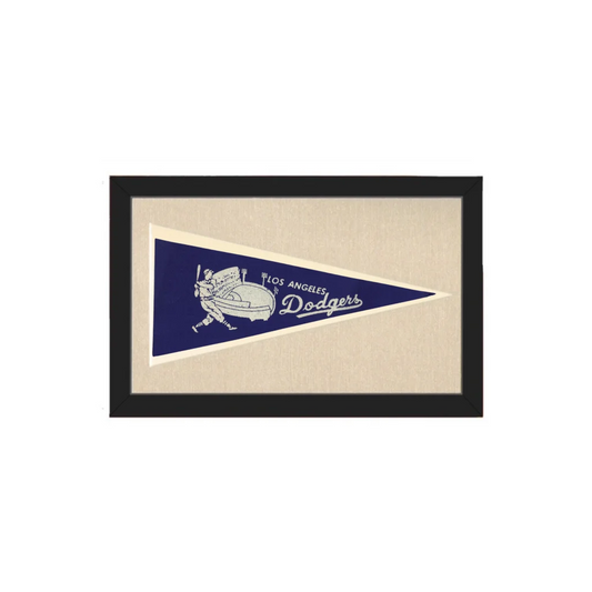 Navy blue vintage dodgers pennant with white lettering and a vintage baseball player illustration framed in black