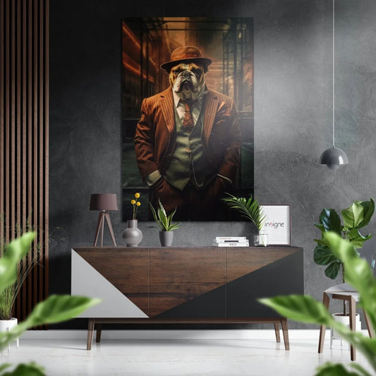 1920s dog in vintage suit on brushed aluminium dibond print