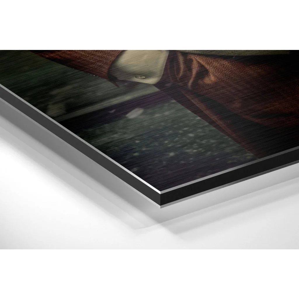 Glass Wall Art Vintage dog portrait on brushed aluminium dibond with brown leather wallet chain