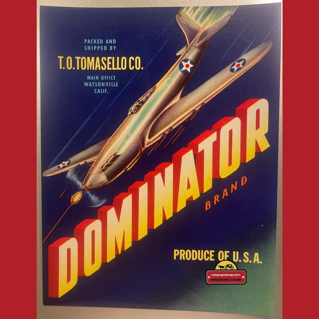 Vintage Dominator Crate Label 1950s Wwii Amazing P51 Mustang! Watsonville Ca Advertisements Antique Food and Home Misc.