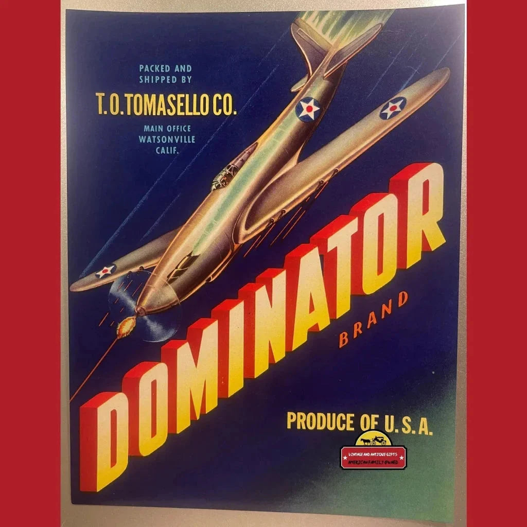 Vintage Dominator Crate Labels Combo 1940s - 1950s WWII P51 Mustang! Watsonville Ca Advertisements Mustang 1940s-1950s