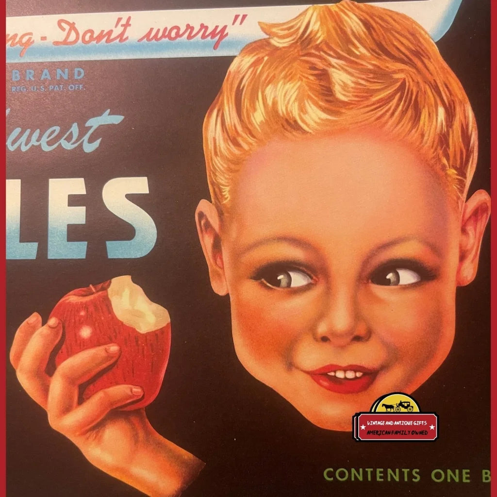 Vintage Don’t Worry Apples Crate Label Yakima Wa 1940s Large Bushel Size - Advertisements - Antique Labels. And Gifts