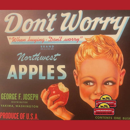 Vintage Don’t Worry Apples Crate Label Yakima Wa 1940s Large Bushel Size Advertisements Antique Food and Home Misc.
