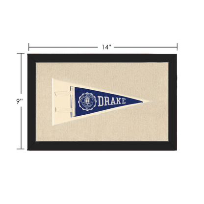 Vintage Drake University pennant framed with navy blue field