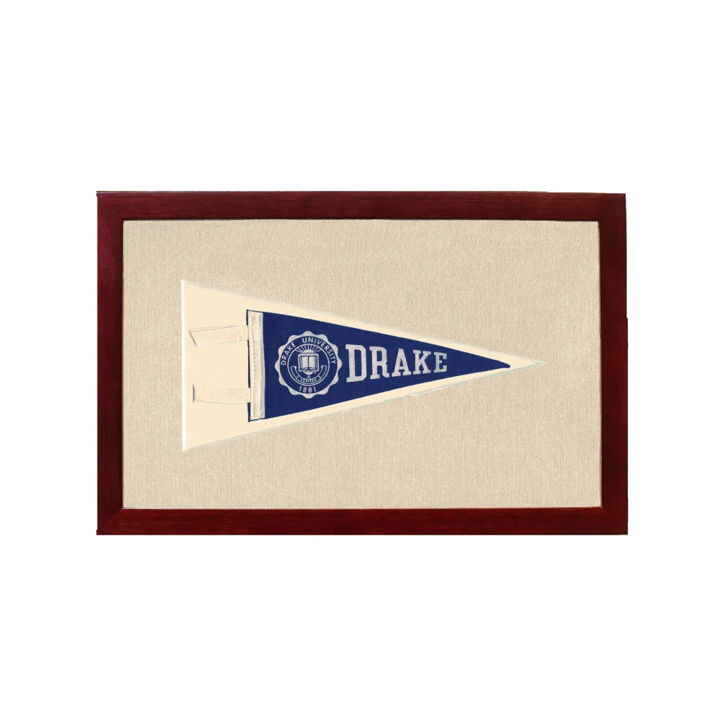 Vintage Drake University pennant framed navy blue with white emblem