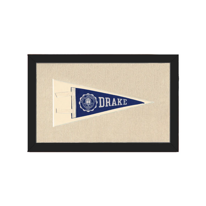 Vintage Drake University pennant in navy blue, cream, black frame