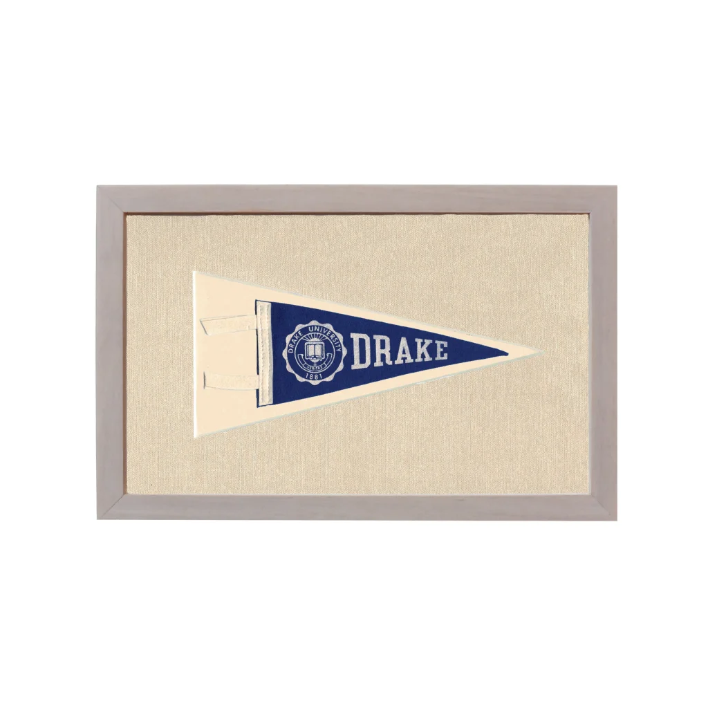 Vintage Drake University pennant in navy blue and cream with gray frame