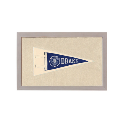 Vintage Drake University pennant in navy blue and cream with gray frame