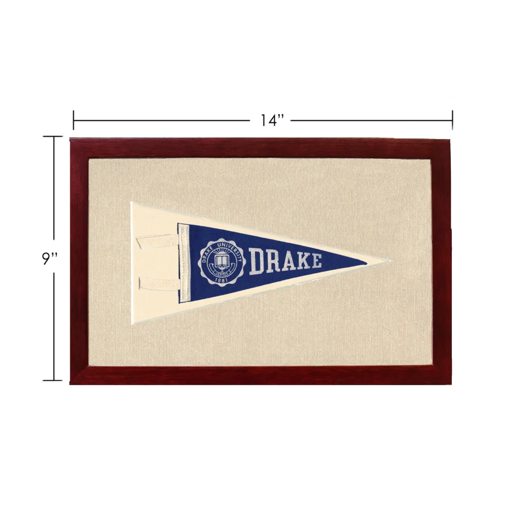 Framed vintage Drake University pennant in navy blue and cream