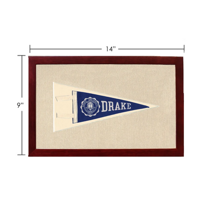 Framed vintage Drake University pennant in navy blue and cream