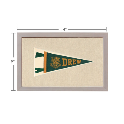 Vintage Drew University pennant in framed display