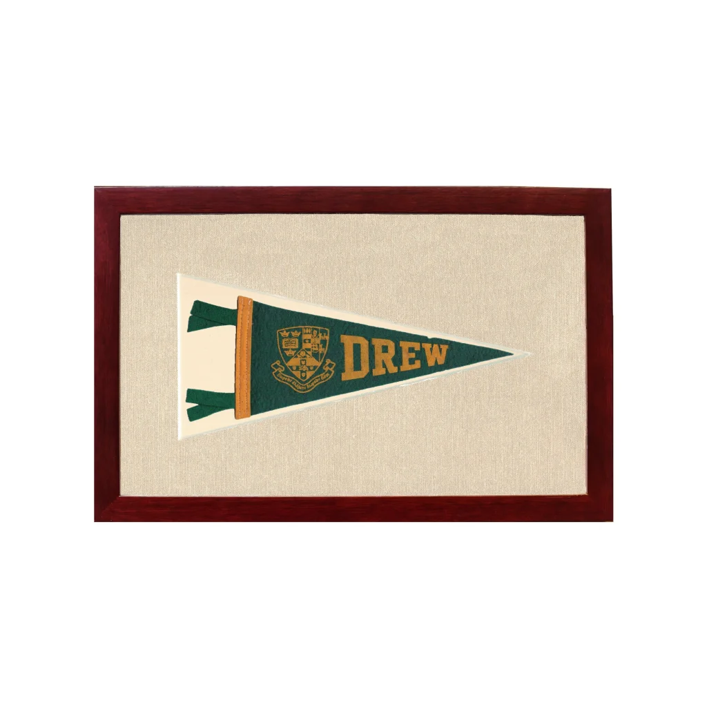 Vintage Drew University Pennant | 1950s Wool Felt Pennant Framed Display | vintageantiquesgifts.com