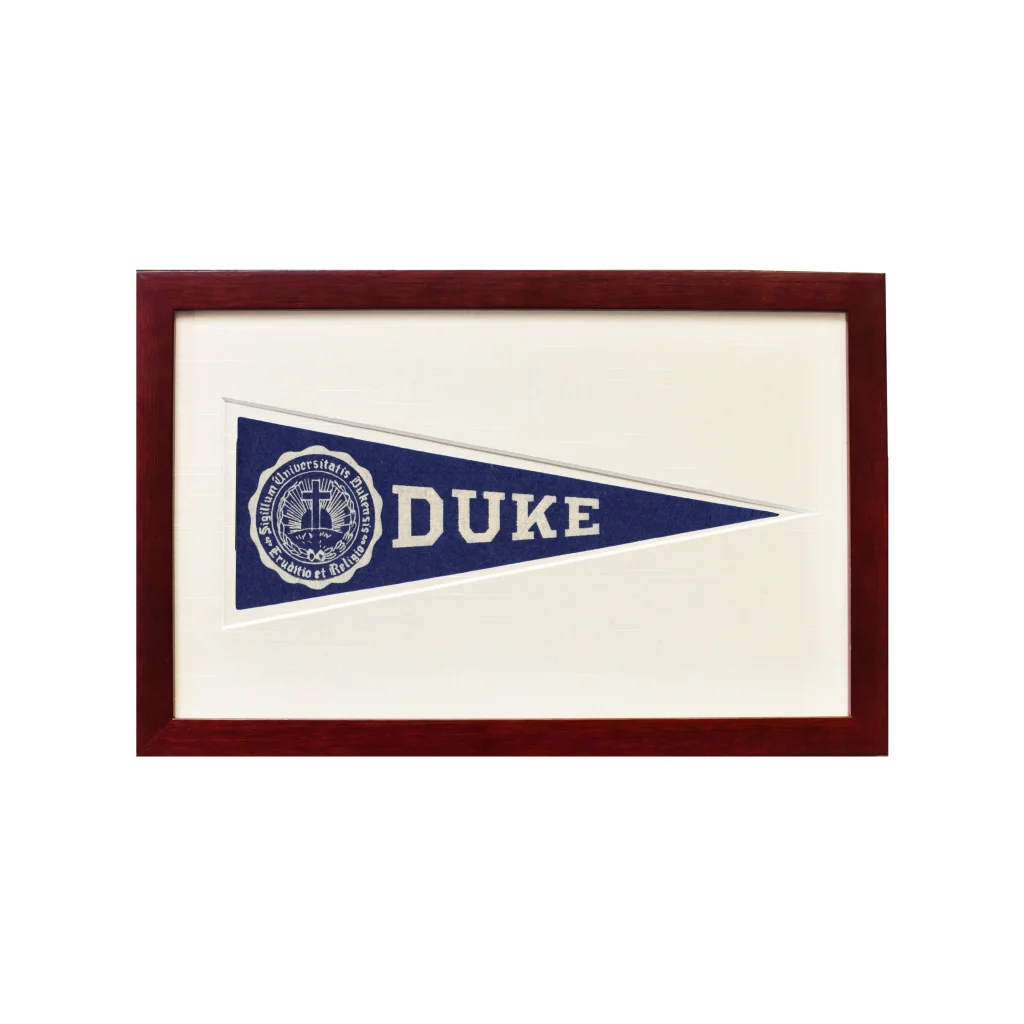 Vintage Duke wool felt pennant flag in navy blue with white gold accents framed