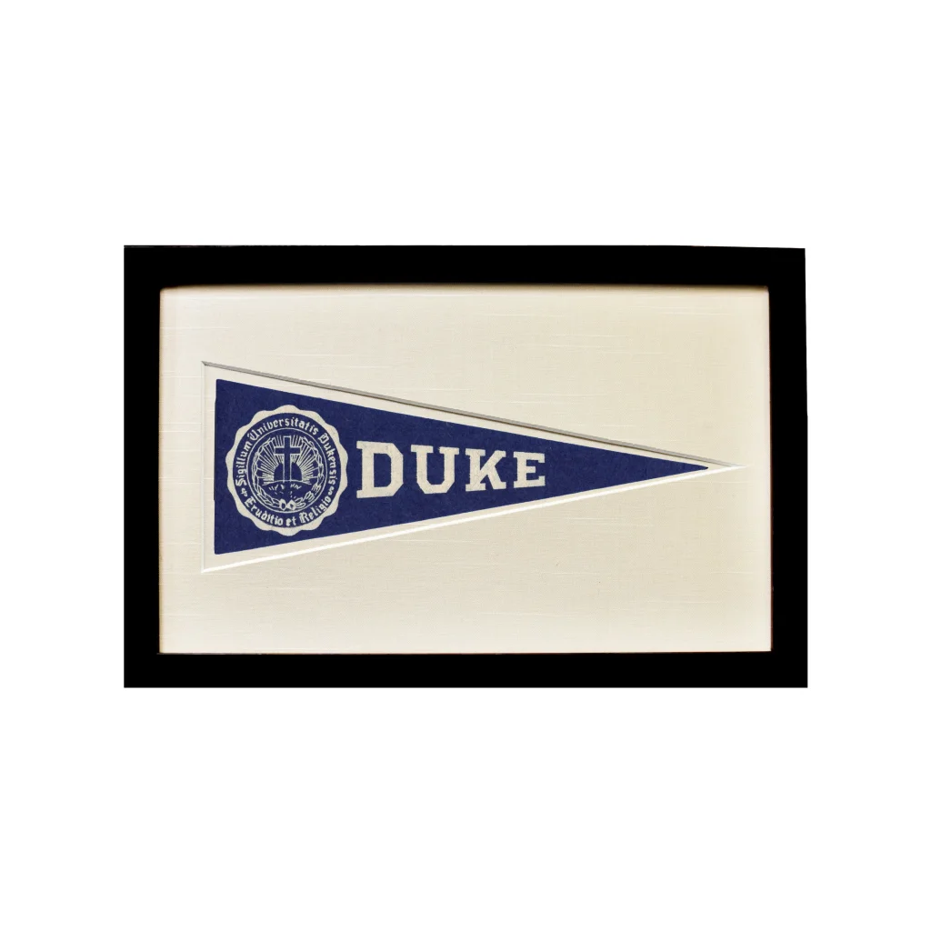 Vintage Duke wool felt Hormel pennant in navy blue and white frame