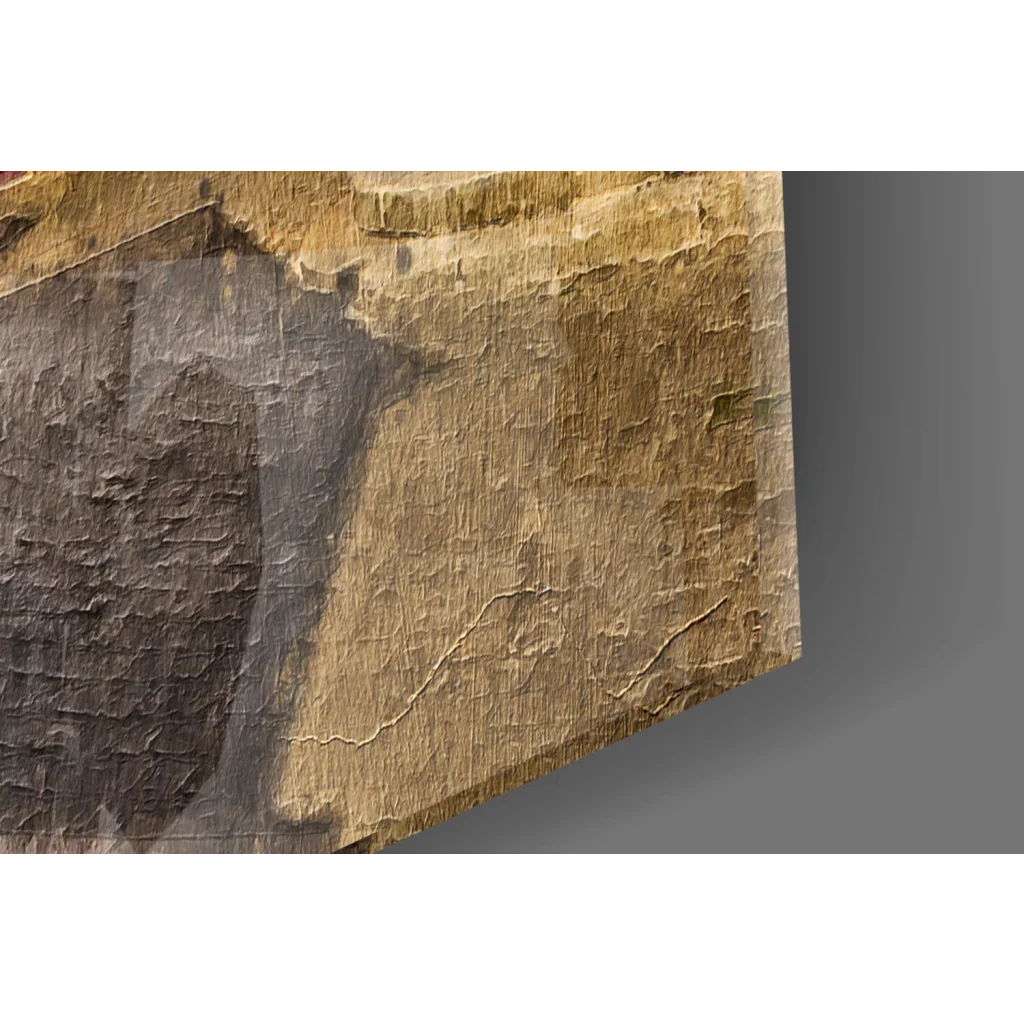 Vintage European cobblestone street wall art with wooden leather-textured frame